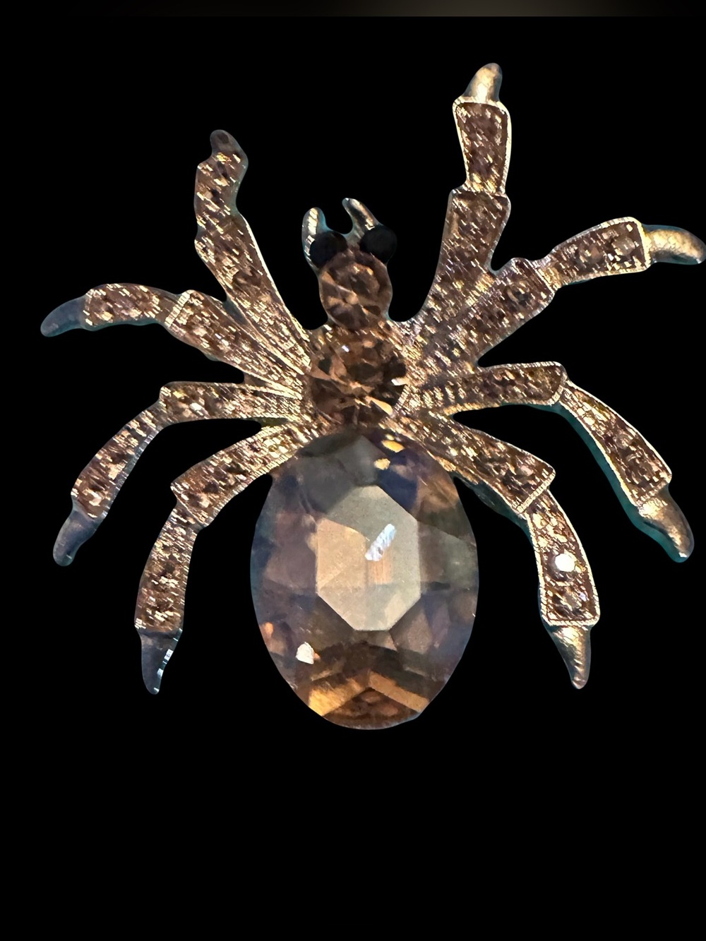 Sparkling Spider Brooch Pin in Champagne colored Crystal and Gold Tone